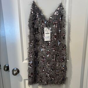 Zara Silver-Gray Sequin Fringe Mini Dress